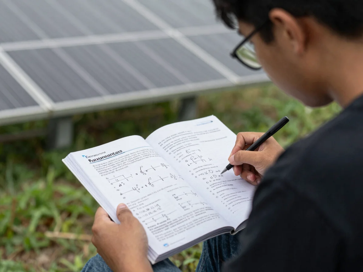 Editorial photograph of a learner studying a printed energy fundamentals manual beside a formula sheet under soft natura