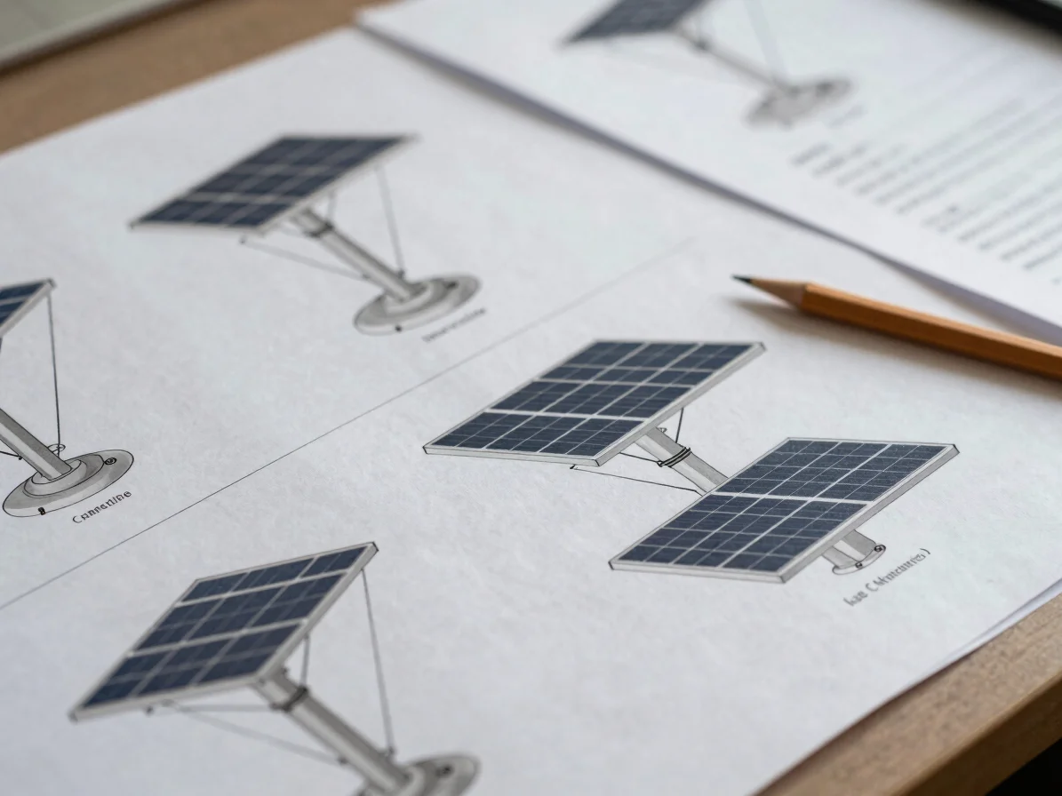 Close documentary detail of a renewable-energy equipment diagram spread across a desk with a pencil and reference notes,
