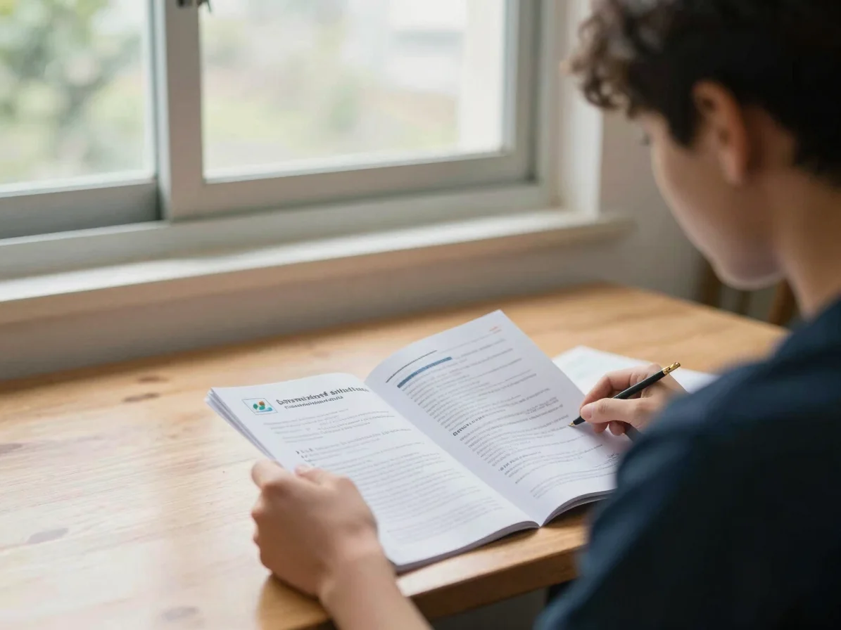 Candid documentary view of a learner reviewing renewable-energy study materials at a wooden desk, soft natural daylight