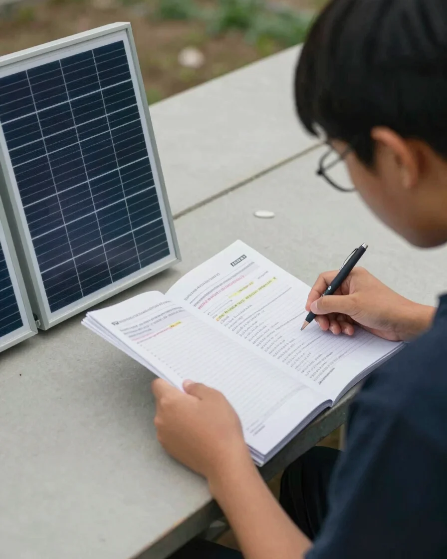 Editorial documentary photograph of a learner reviewing printed renewable-energy study materials beside a small solar pa